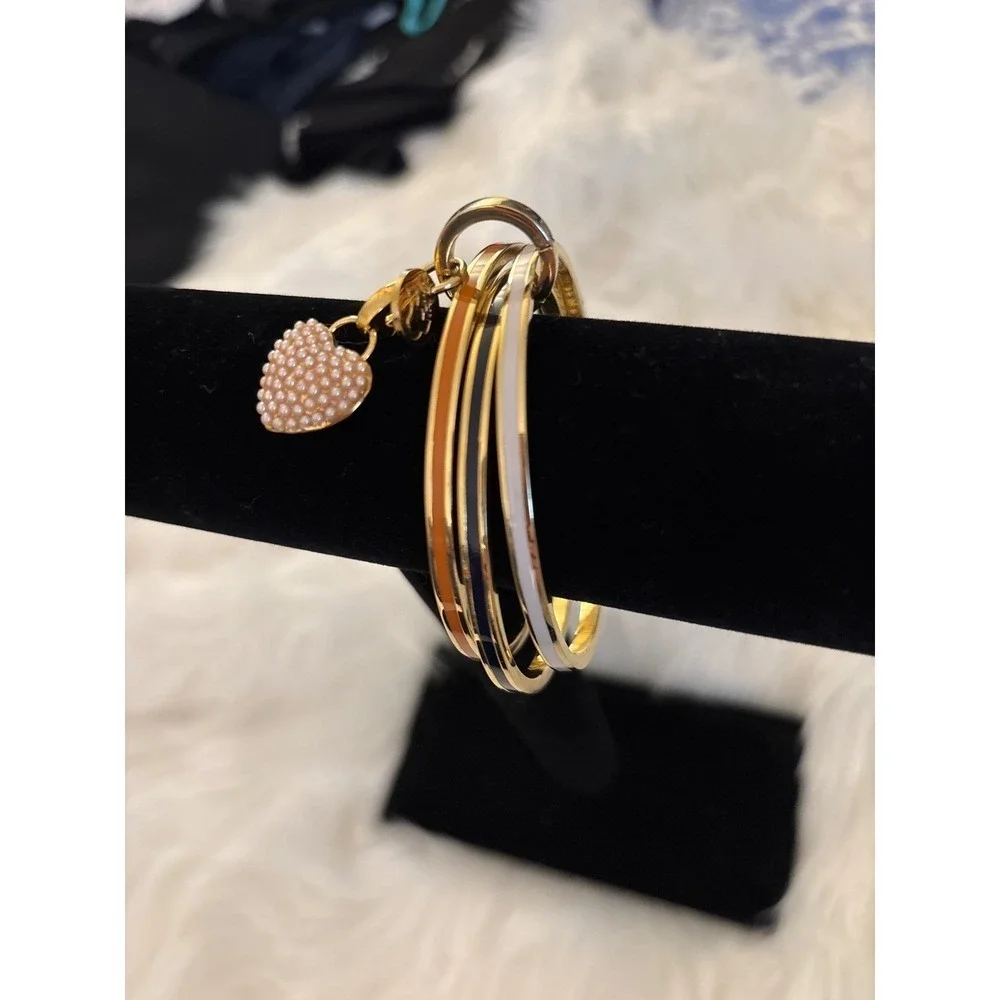 Spartina 449 Enamel Bangle Bracelet Set | 3 Stack Bangles + Pearl Heart Charm